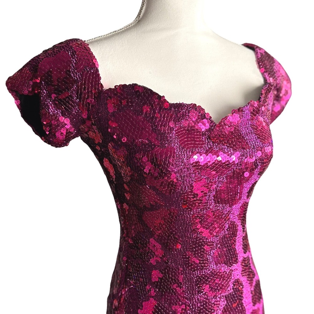 Vintage Sequin Maxi Dress Pink Fuchsia Juniors 5 6‎ Off Shoulder Formal Prom